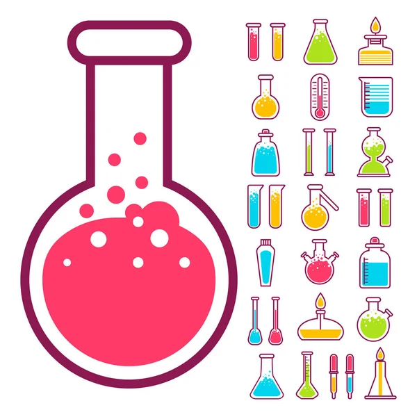 Chemische kolven en bekers geïsoleerde pictogrammen, laboratoriumapparatuur — Stockvector