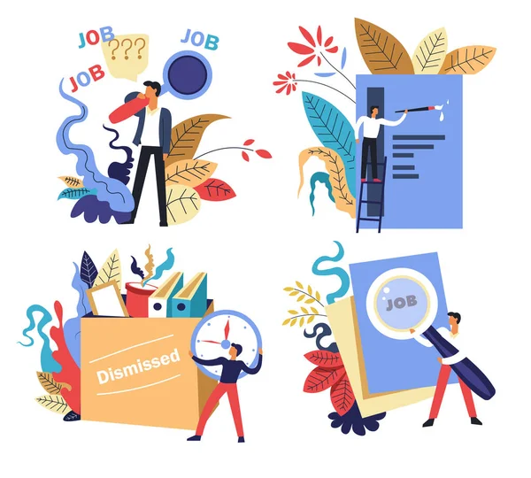 Búsqueda de empleo y desempleo iconos aislados, contratación y contratación — Archivo Imágenes Vectoriales