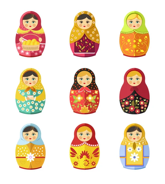 Brinquedo de Matrioska, símbolo russo ou ícones isolados de lembrança — Vetor de Stock