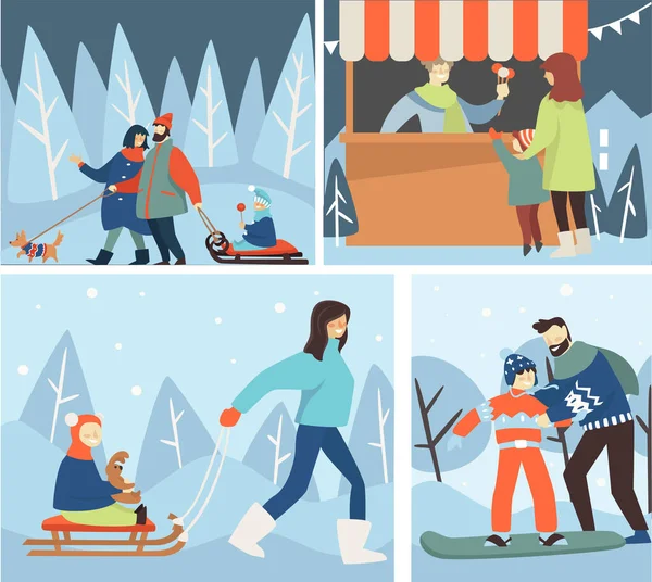 Noel tatili ve kış, kış aile açık hava aktiviteleri — Stok Vektör