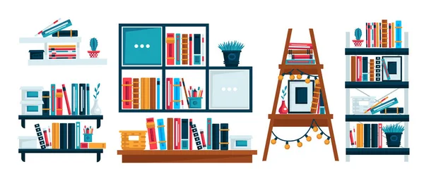 Home library, bookshelves or office shelf, study room interior, isolated icons — Stock Vector