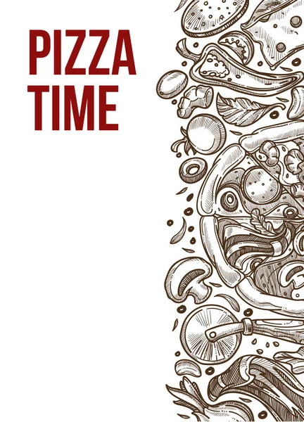 Restaurante de comida italiana, cartel del boceto de pizza tiempo — Vector de stock