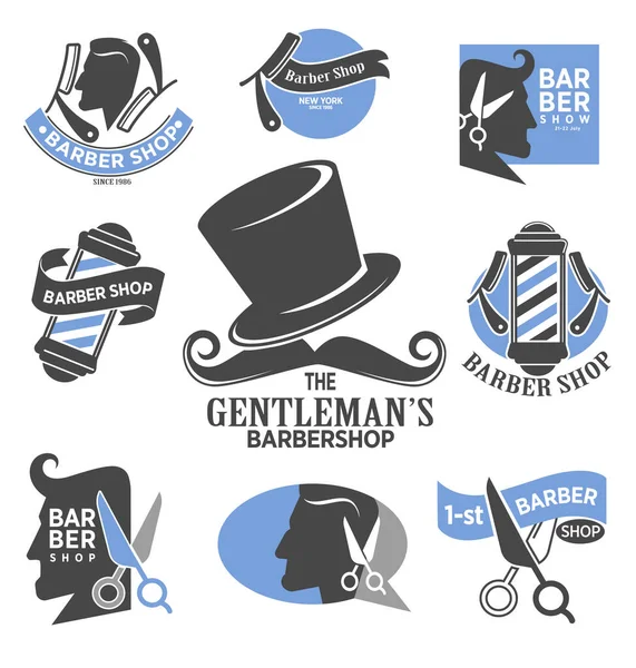 Barbearia ícones isolados, salão de cabeleireiro, corte de cabelo e barba de barbear — Vetor de Stock