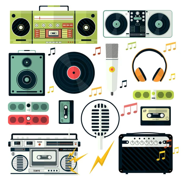 Moderne en retro audio apparaten, muziek afspelen, geïsoleerde pictogrammen — Stockvector