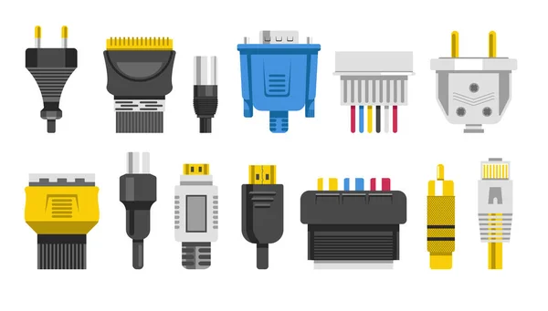 Enchufes y conectores o cables de conexión, iconos aislados de cableado — Vector de stock