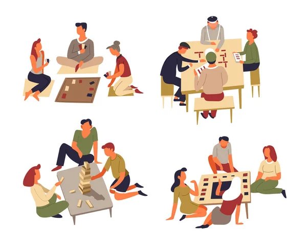 Familie en vrienden die tafelspelen, domino en jenga spelen of kaarten — Stockvector