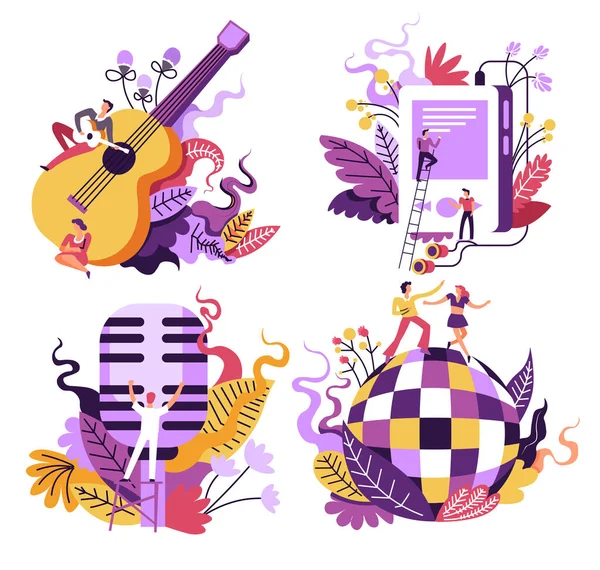 Music playing and listening isolated icons, singing and dancing — Stock Vector