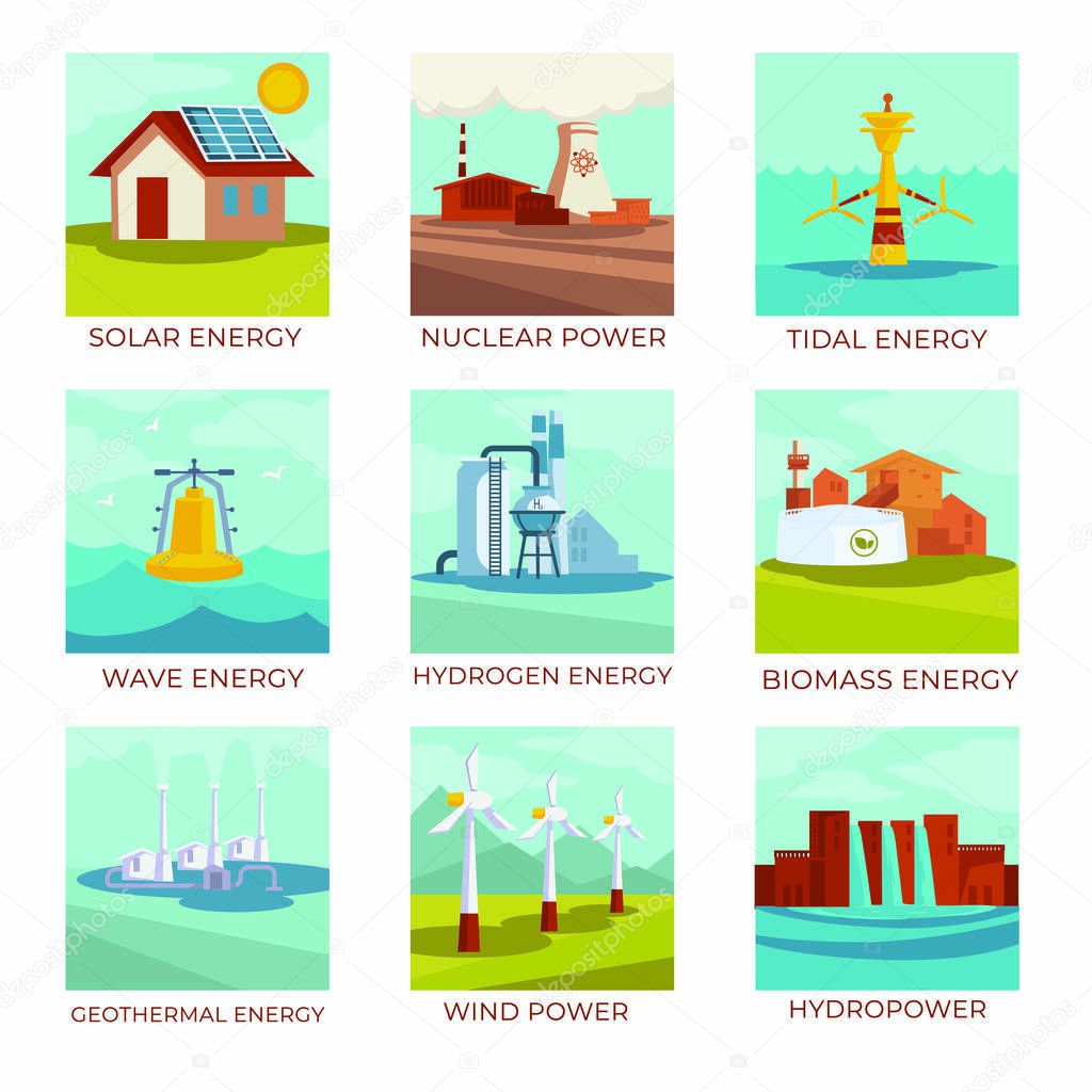 Energy sources, power plants and natural resources isolated icons