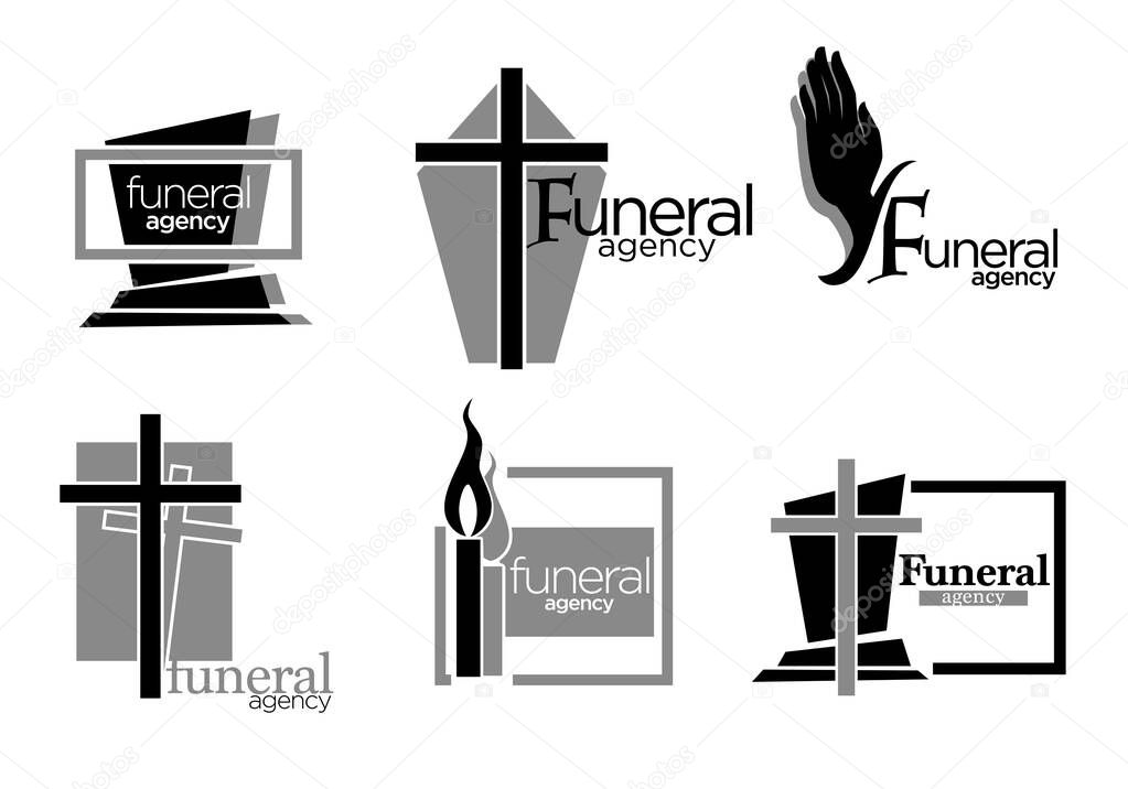 Funeral services agency isolated icons, gravestone and cross or candle vector. Burring process and interment arrangement emblems or logo, mourning symbols. Death rituals and cemetery tombstones