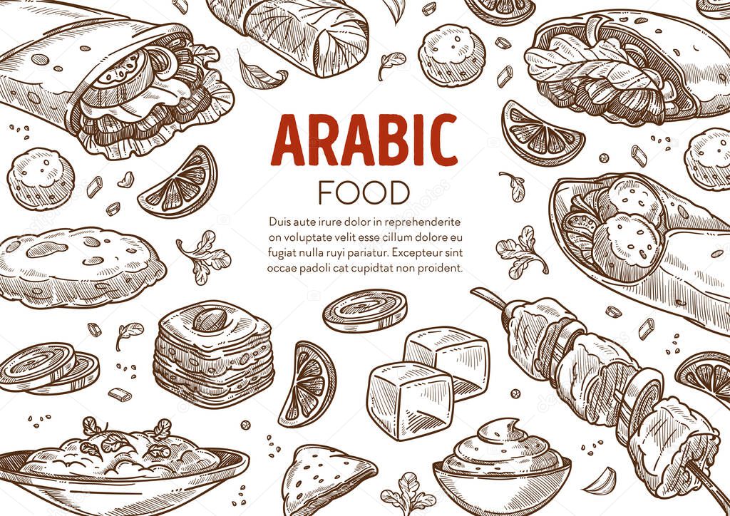 Restaurant menu with Arabic traditional food sketch banner