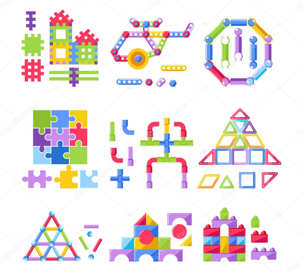 Building kit or constructor, kid toy, puzzle or jigsaw, isolated icons