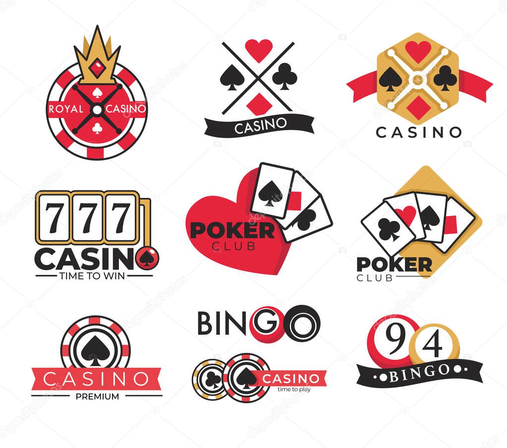 Gambling casino club, poker and bingo lottery, isolated vector icons. Slot machine and roulette wheel, play cards and balls with numbers, game chips and crown. Money stakes or betting, emblems or logo