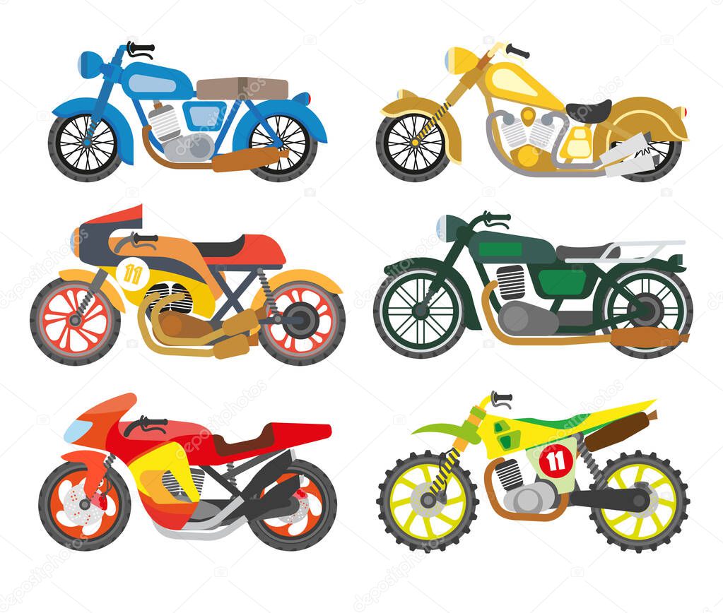 Motorcycles and scooters, bikes and choppers isolated icons vector. Speed race and delivery, fast vehicles, motor transport, sport and extreme. Driving or riding, motorbike speedy transportation
