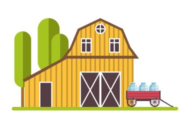 Kırsal ahır ve el arabası ve litrelerce izole edilmiş süt ikonu.