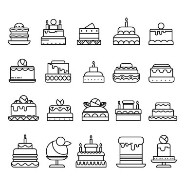 Düğün ve doğum günü pastaları izole çizgi ikonları, hamur işleri veya b