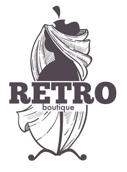 Retro boutique or vintage store isolated sketch icon, mannequin 