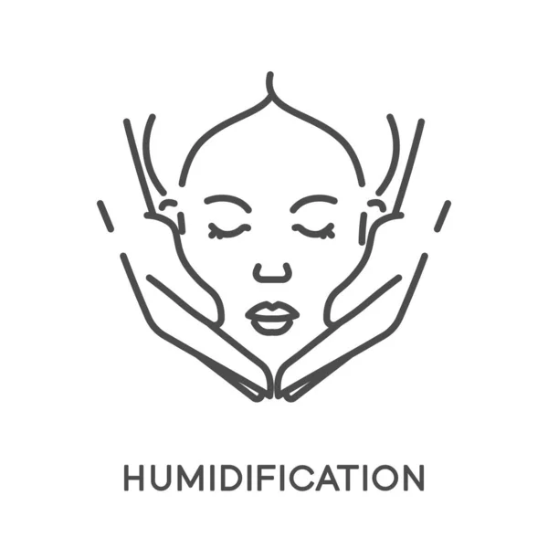 Hidratante y humidificación de la cara femenina aislada línea ico — Vector de stock