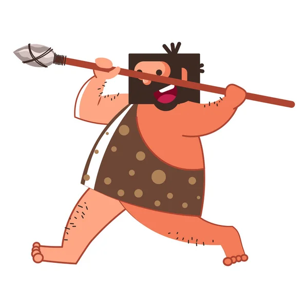 Caveman chasseur avec lance en peau d'animal caractère isolé — Image vectorielle