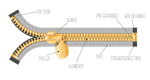 Zíper e extrator com ícone de controle deslizante isolado, fixador dourado —  Vetores de Stock