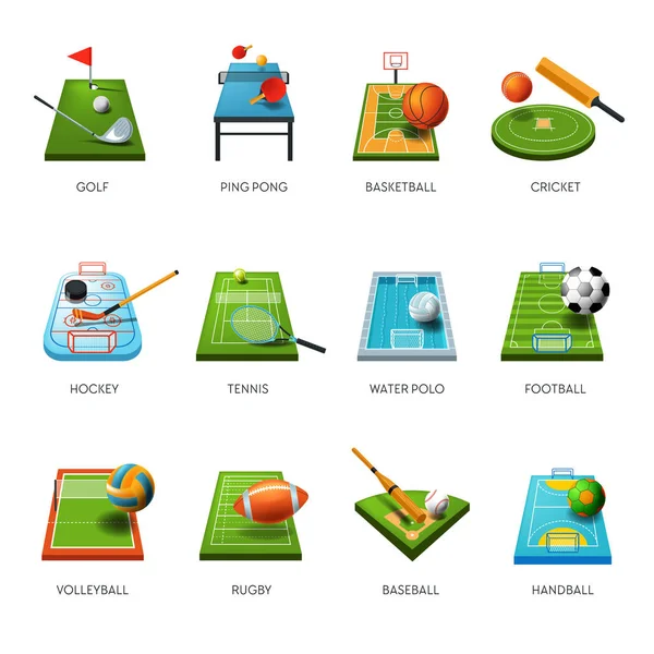 Velden en sportartikelen geïsoleerde pictogrammen, spel spelen — Stockvector