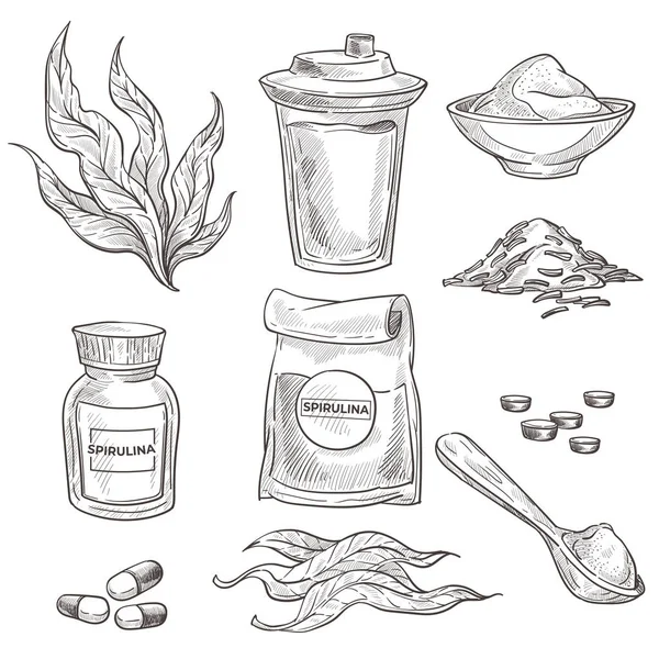 Ingrediente de desintoxicação, alga espirulina em comprimidos ou pó isolado —  Vetores de Stock