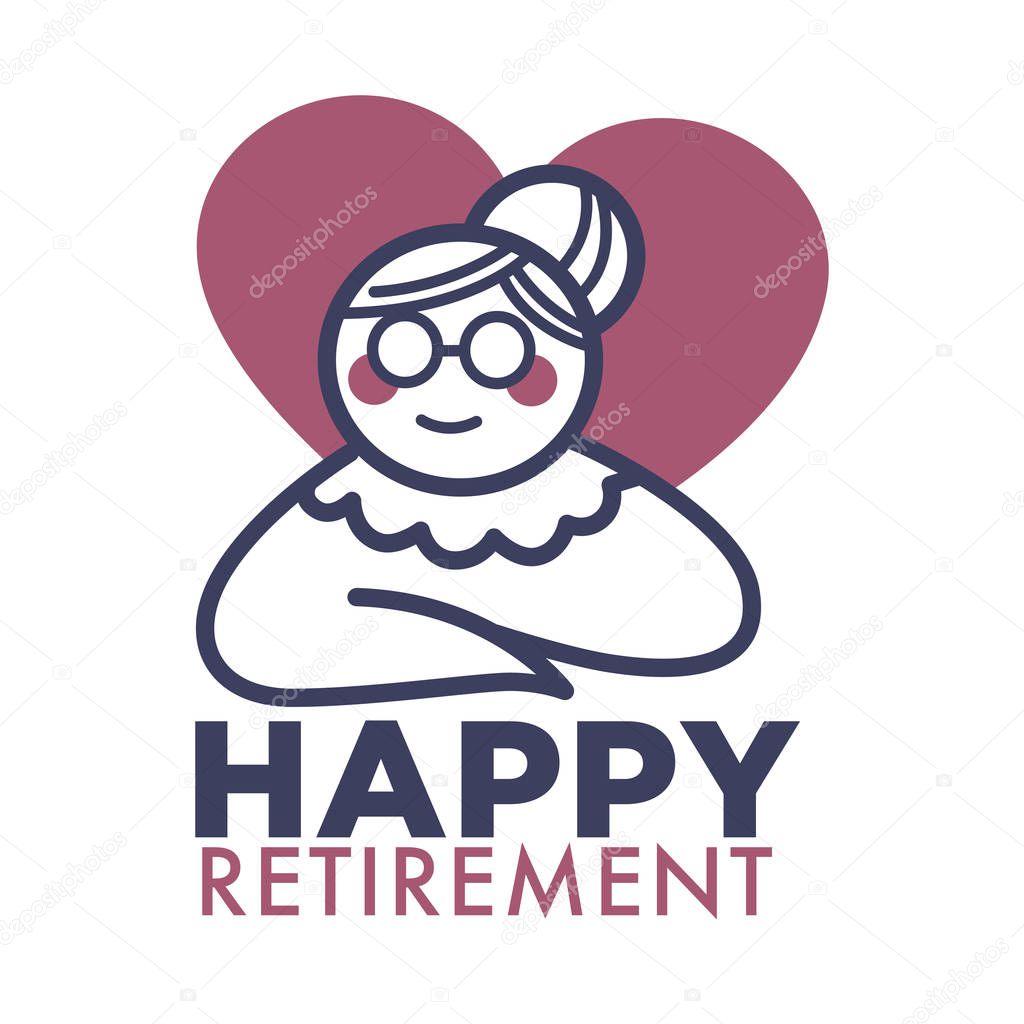 Happy retirement, nursing or elderly home isolated icon, senior people care vector. Retirement and pension, old woman or granny in heart symbol. Medical support and healthcare service emblem or logo
