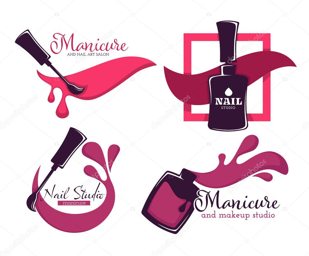 Nail studio and manicure, polish or varnish in bottle isolated icons with lettering vector. Brush and color splash, beauty salon, fingernails. Toenails pedicure emblem or logo, manicurist services
