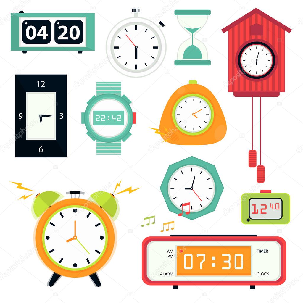 Watch and clock, stopwatch or timer and hourglass isolated icons