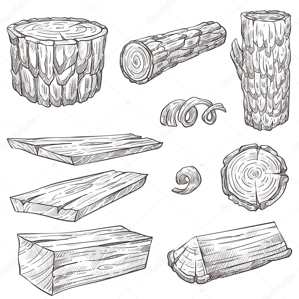 Logs and stump, wood and wooden natural materials isolated sketc