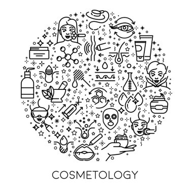 Kozmetoloji ve cilt bakımı, izole ikon vektörü. Güzellik terapisi, vücut bakımı ve sağlık hizmetleri, sağlık ve tedavi sembolleri. Maske ve masaj, krem ve enjeksiyon, manikür ve gençleştirme