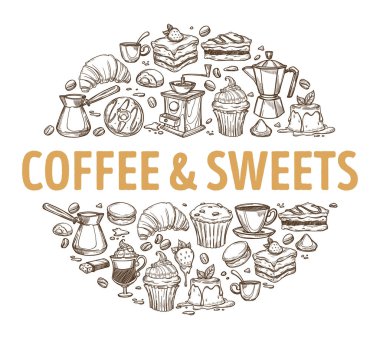 Hot drinks and desserts, coffee shop or cafe snacks sketch emblem vector. Latte with foam and cake, croissant and mocha, macaroon and cappuccino. Donut and americano, turk and pot, grinder and beans clipart