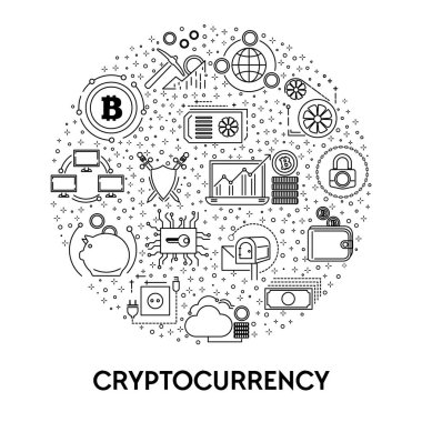 Bitcoin madencilik ve kâr, kripto para birimi ve engelleme sistemi çizgi simgeleri vektörü. Çevrimiçi cüzdan ve dizüstü bilgisayar, kilit ve anahtar ana hatları sembolleri. Dijital para İnternet kazancı, Teknoloji ve finans