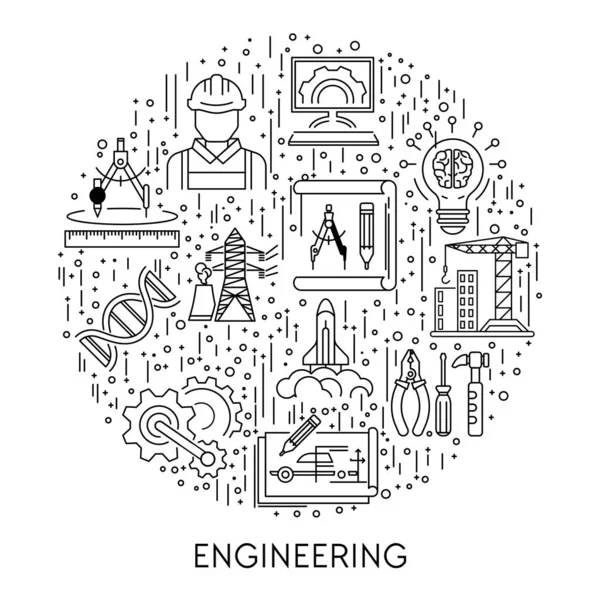 Iconos Línea Ingeniería Emblema Vector Póster Genética Construcción Maquinaria Electricidad — Archivo Imágenes Vectoriales