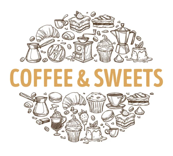 Warme Dranken Desserts Coffeeshop Cafe Snacks Schets Embleem Vector Latte — Stockvector