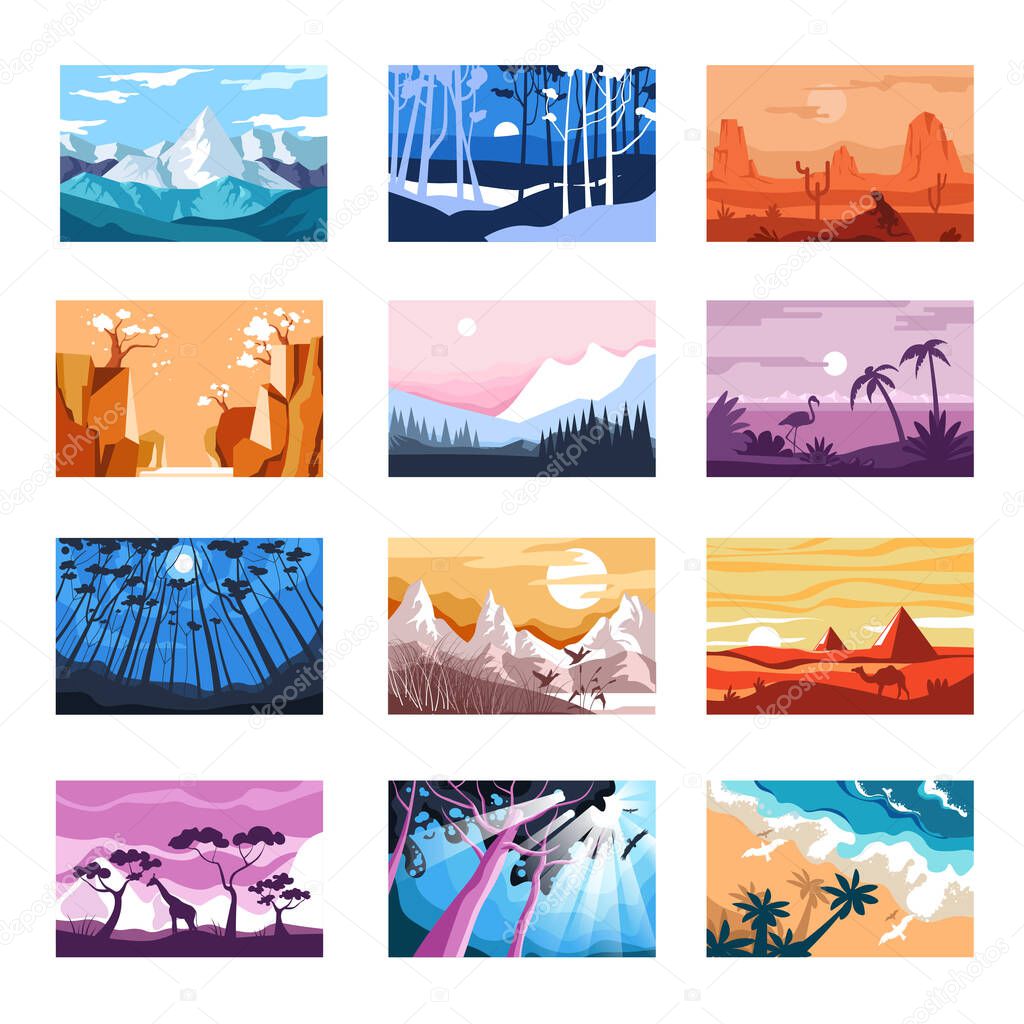 Landscapes isolated icons, mountains and beach, sunset and night vector. Desert and forest, African savannah and Chinese sakura blossom. Mountains and woods, coast and valley, animal silhouettes