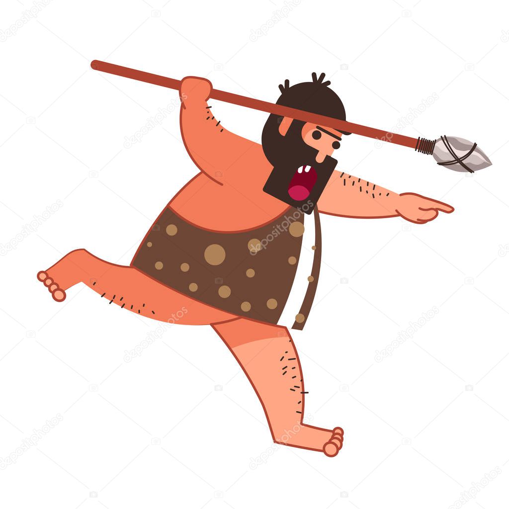 Primitive man with spear or caveman, hunter in animal skin isolated character vector. Barbarian or savage, guy with beard holding weapon. Prehistorical times or stone age, male neanderthal on hut