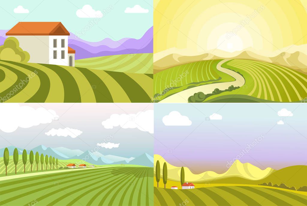 Rural landscapes vineyards and rice fields, valleys, countryside views vector. Cottage house and village, green grass and trees, nature and environment. Morning sunrise and sunset, suburban scenes