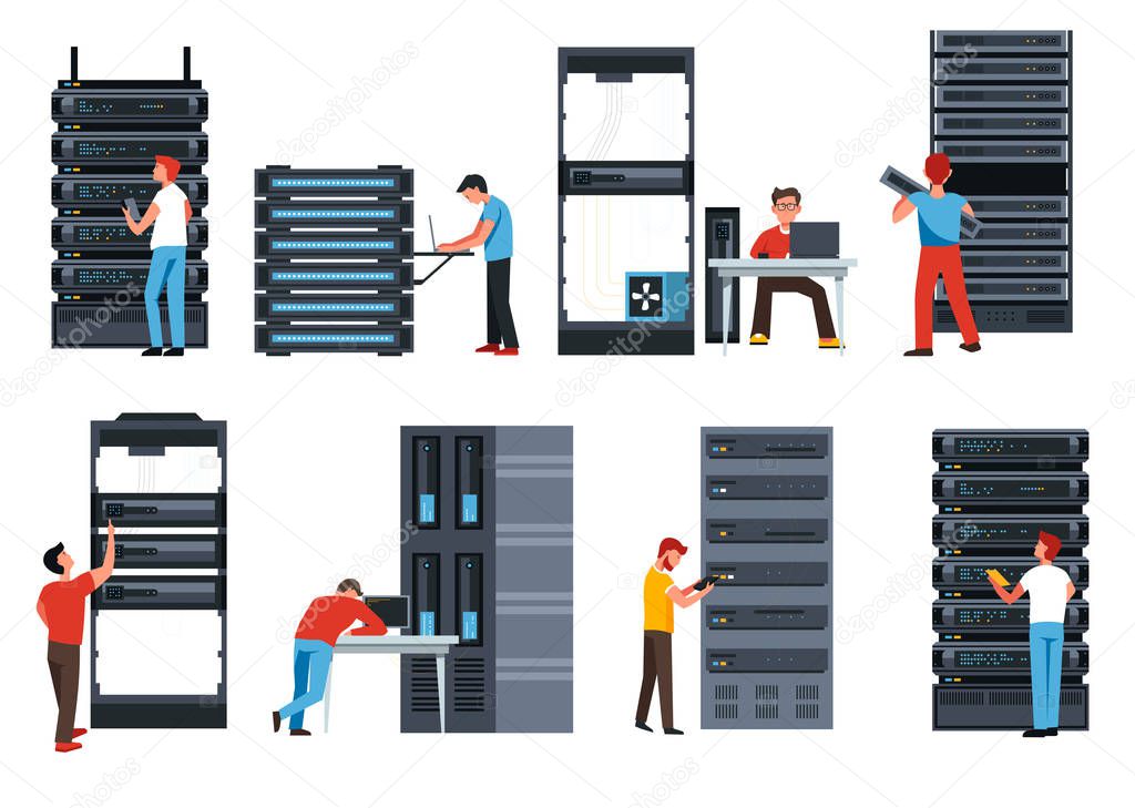 Internet modern IT technologies, server racks, digital information storage isolated icons vector. Devices and programmers, data center, laptops connected to database. Web files and applications, cloud