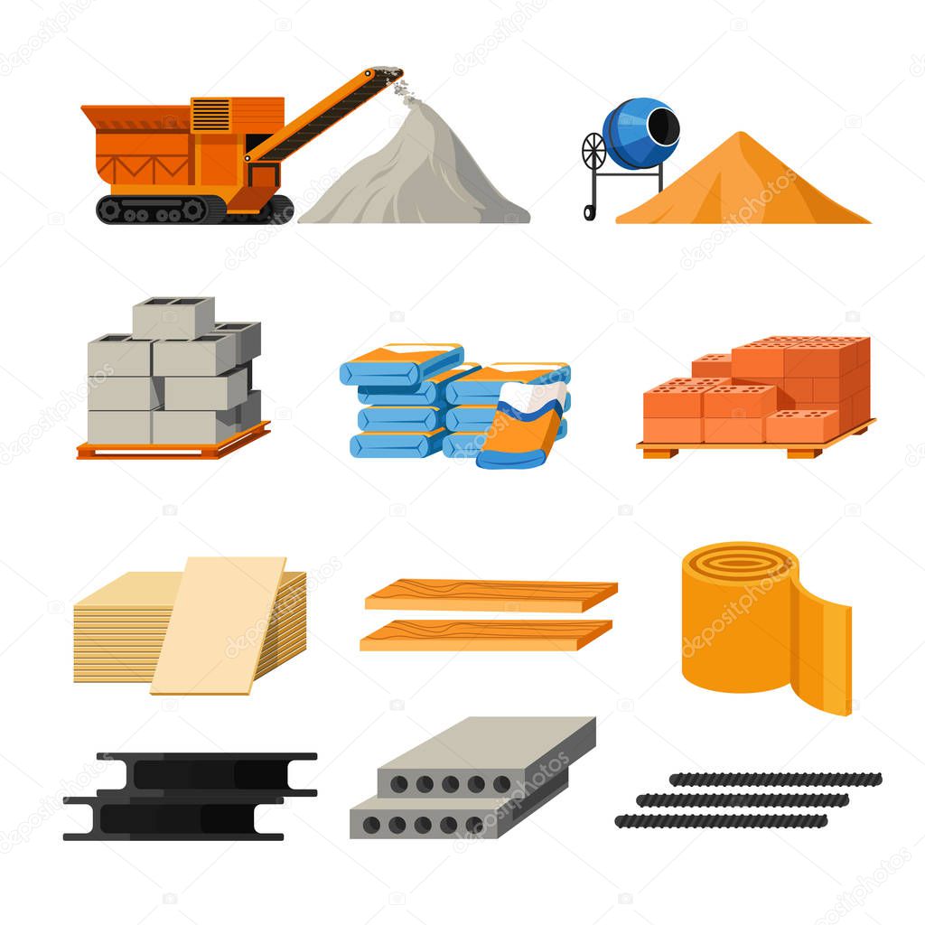 Building and construction materials and truck isolated icons vector. Brick and cement, sand and stone, gravel and metal. Concrete and wood, drills and chipboard, steel blocks and insulation roll