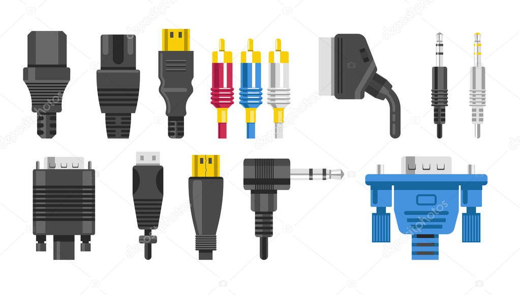 Connection cables and connectors, wiring and audio or video adapters, plugs isolated icons vector. HDMI and DVI or RCA, USB and mini or micro jack. Electric appliance and technology devices linking