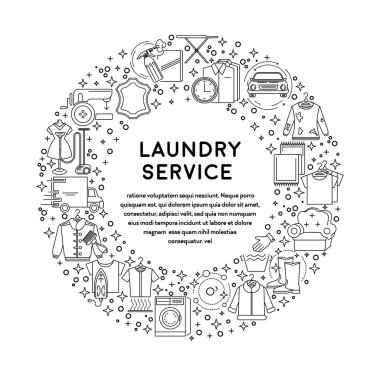 Kuru temizleme, çamaşır yıkama hattı simgeleri, çamaşırhane ekipmanları vektörü. Çamaşır makinesi, giysi ve ayakkabı, ütü ve buhar yapan giysiler. Elbise askısı, ev kimyası, çamaşır tozu ve sepet.