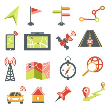 Haritalar, konum ve navigasyon izole ikonlar, haritalama ve topoğrafya vektörü. GPS, akıllı telefon uygulaması ya da navigatör uygulaması, nokta. Çevrimiçi arama, uydu ve kule, araba ve yol