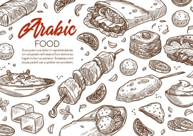Arap lokantası menüsü pankart vektörü. Doner kebap ve baklava, baba ghanoush ve şiş, lokum ve humus, falafel ve kofta. Aşçılık ve aşçılık tarifleri, Orta Doğu geleneksel yemekleri.