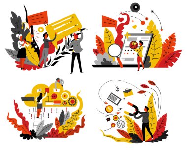 Bilgi amaçlı dijital cihazlar kullanılıyor. Hoparlör tutan insanlar, sohbet kutusunda duyurular. Büyüteçli dizüstü bilgisayar. Takım elbiseli bir adam mıknatıs gibi iş eşyaları alıyor. Vektörler.