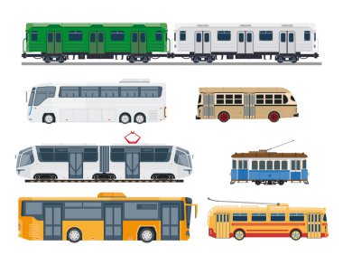 Tren, tramvay. Toplu taşıma seti, yan görüş. Tramvay, hızlı tramvay, tramvaylı yolcu taşımacılığı. Yol araçları veya yük trafik vektörü çizimleri.