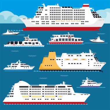 Gemi, yolcu gemisi, yan görüş. Gemi yolculuğu, birden fazla kabini olan yolcu gemileri, lüks yüzen oteller, özel yat ya da feribot. Deniz suları turizm taşımacılığı ve seyir vektörleri.