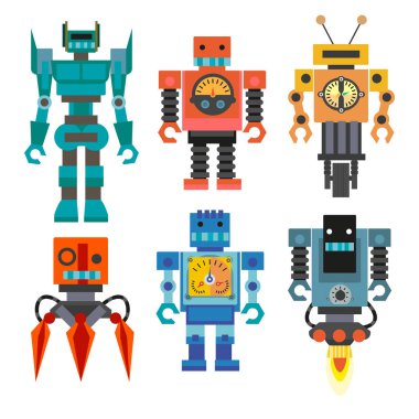 Robot oyuncakları. Transformatörler, çocuklar için vida ve cıvata robotları, ön manzara. Çocukların oyun odası için metal fütüristik yapıcılar. Beyaz arkaplanda izole edilmiş renkli vektör çizimleri.