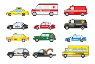 Servis ve acil müdahale araçları hazır, yan görüş. Polis arabası, ambulans, okul otobüsü, taksi. Belediye departmanlarının rozetli taşımacılığı. Beyaz arkaplanda vektör illüstrasyonları.