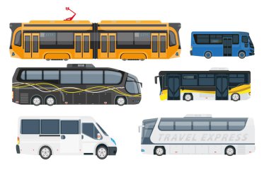 Seyahat ekspresi ve servis otobüsleri ayarlandı, yan görüş. Yolcu kapısı otoyol için olan uzun mesafeli toplu taşıma araçları. Beyaz arkaplanda izole edilmiş vektör çizimleri. 