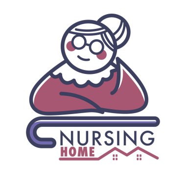 Nursing home logo. Old lady with grey hair in bun, eyeglasses, walking cane, smiling. Retirement home building outline logotype, text. Retired elderly people care facilities. Vector illustration.